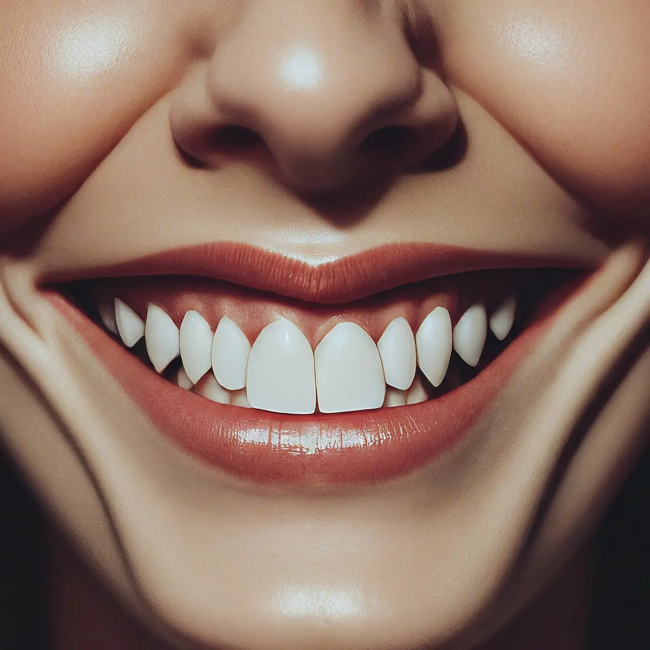 Close-up of shiny, clean teeth showing a bright smile. 35mm stock photo