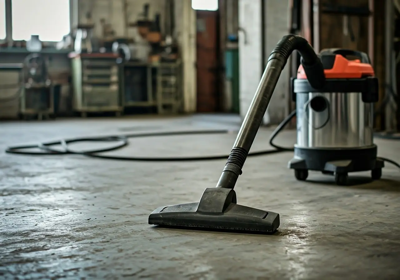 A clean industrial workshop floor with a Hepa vacuum. 35mm stock photo