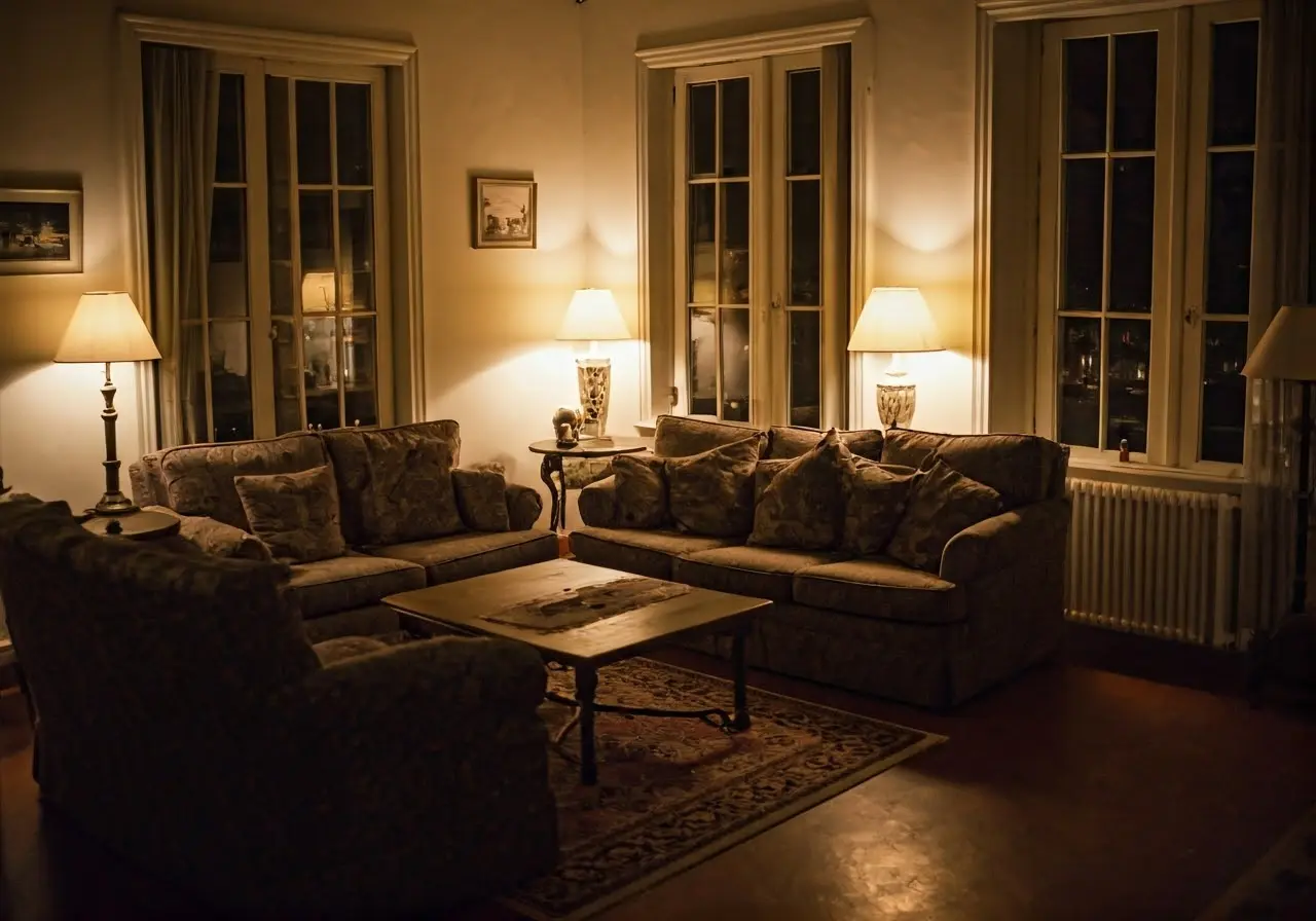 A cozy living room with soft lighting and comfortable seating. 35mm stock photo