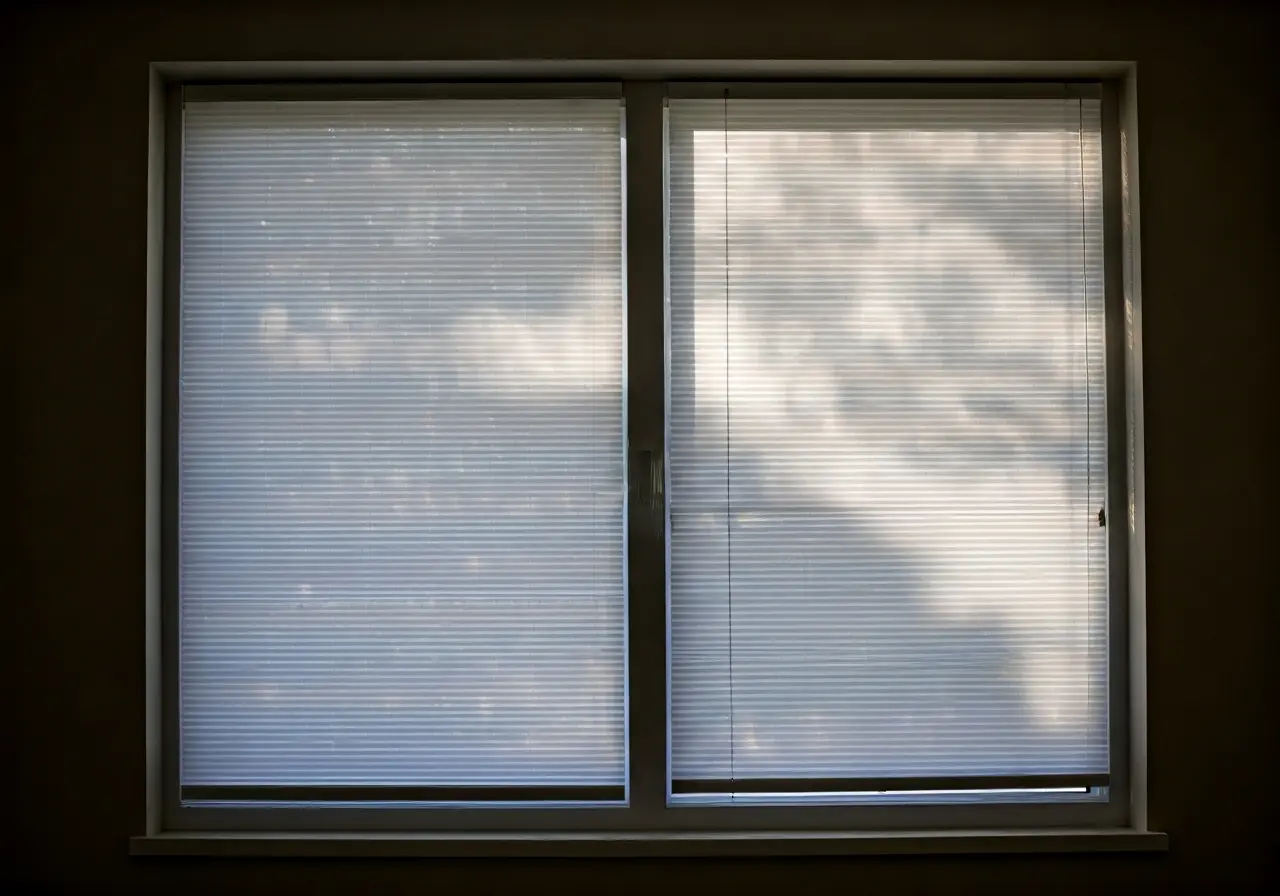 Smart shades lowering to block sunlight through a window. 35mm stock photo