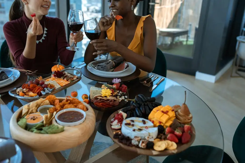 Two adults enjoy wine and a colorful charcuterie board indoors, embodying warmth and friendship.