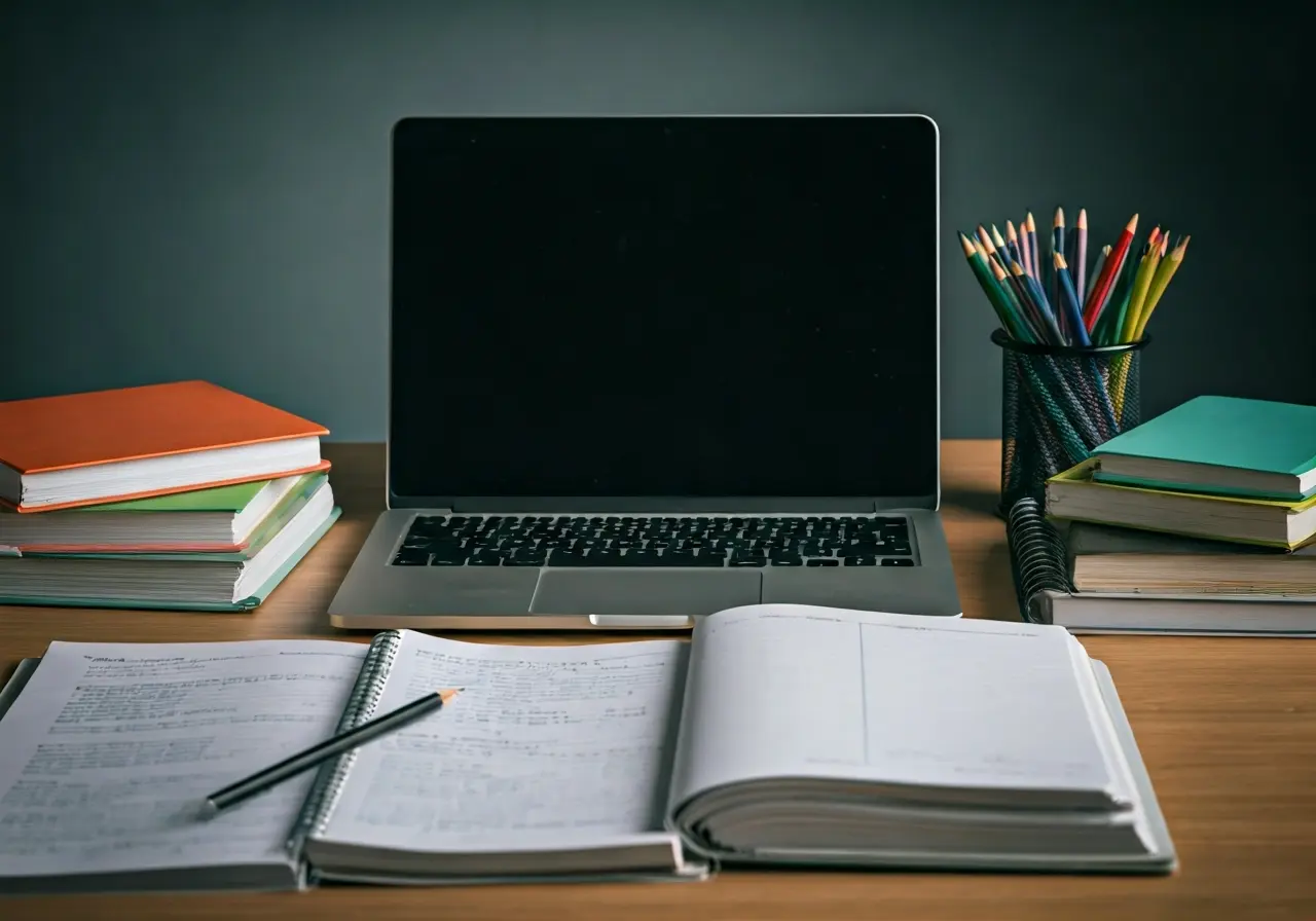 A laptop on a desk surrounded by study materials. 35mm stock photo