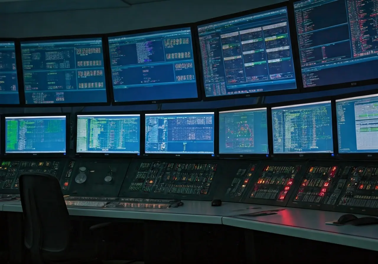 A high-tech security control room with multiple screens displayed. 35mm stock photo