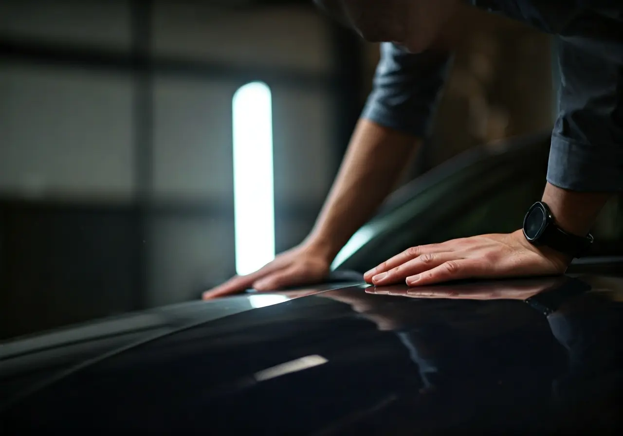 A close-up of a person inspecting a car’s surface. 35mm stock photo