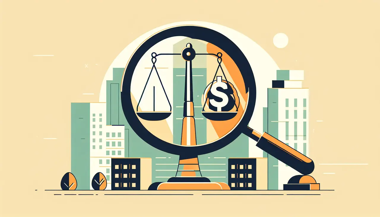 Draw a graphic in flat design style. A minimalist illustration of a magnifying glass over a scale of justice, with a dollar sign on one side, set against a simple cityscape of Beverly Hills.