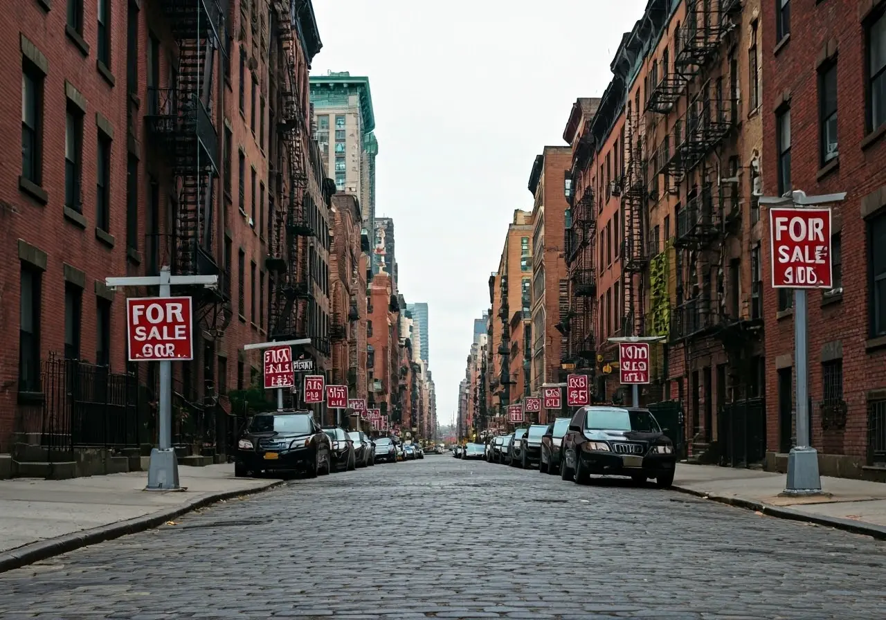 A picturesque New York street lined with for-sale signs. 35mm stock photo