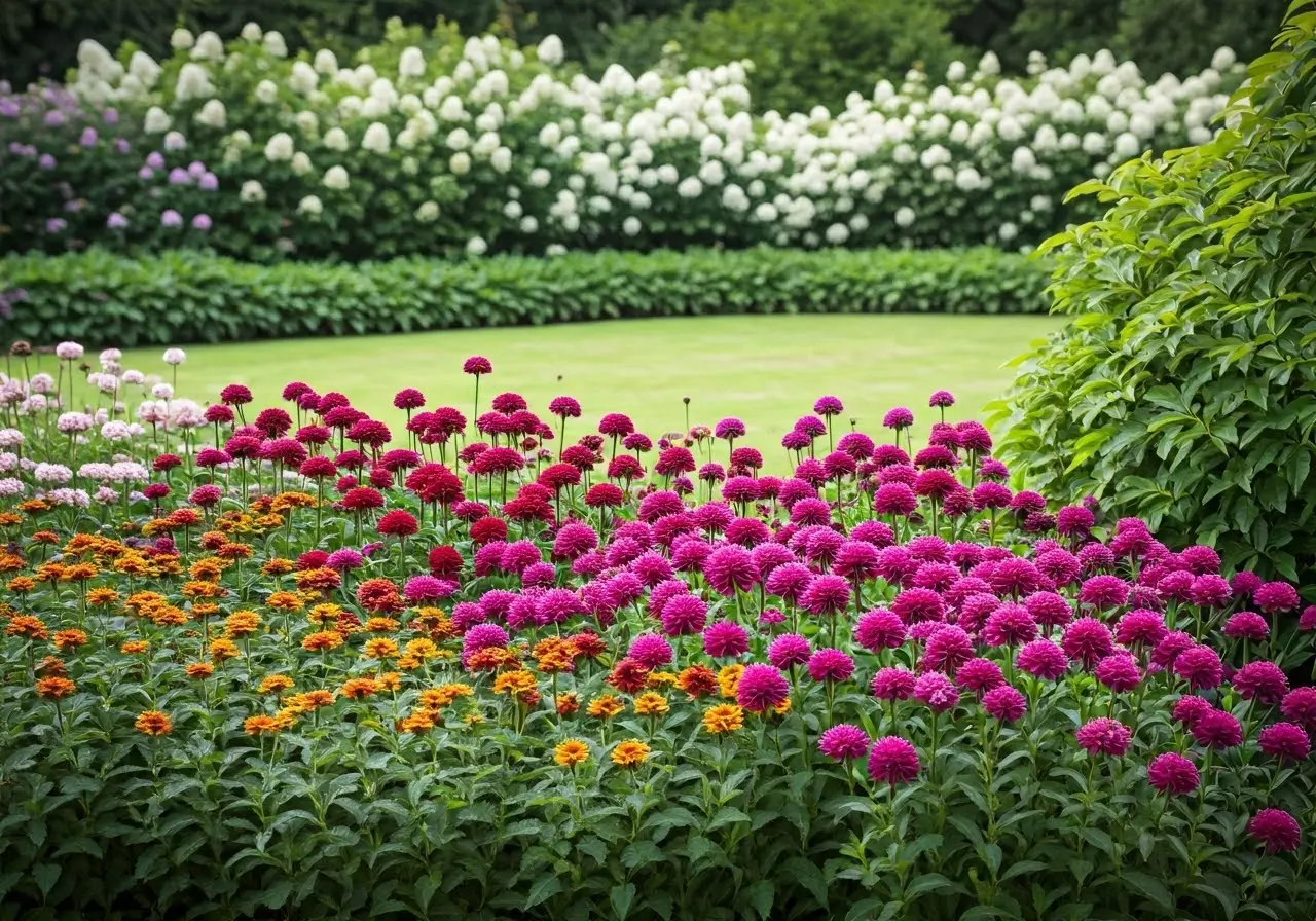 A serene garden scene with blooming flowers and soft light. 35mm stock photo