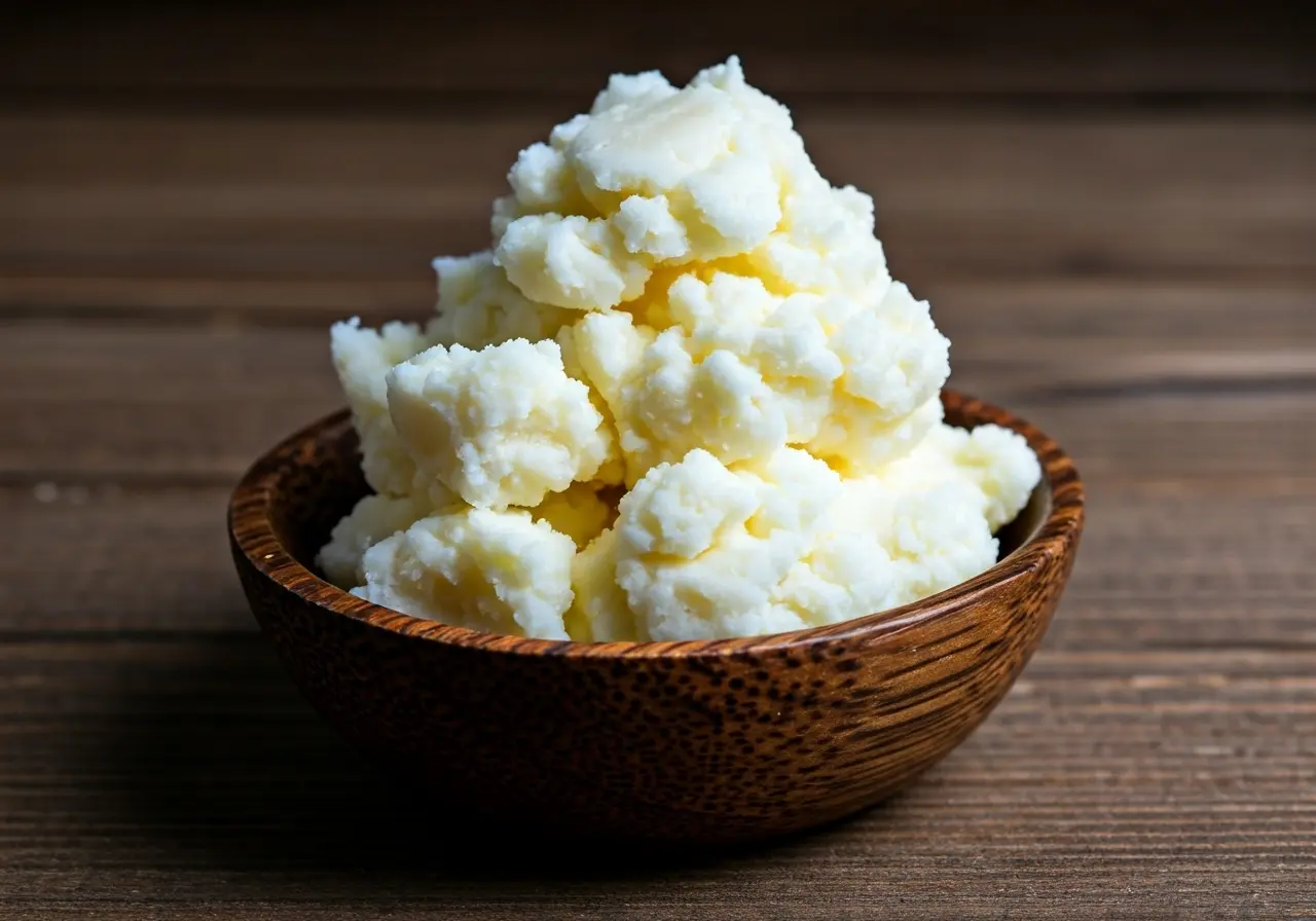 A close-up of shea butter in a wooden bowl. 35mm stock photo