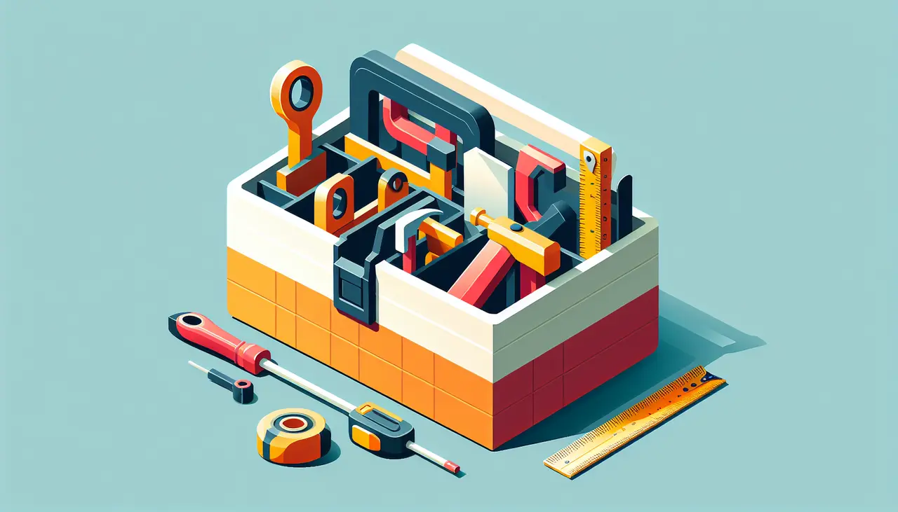 Draw a graphic in flat design style. An organized toolbox with construction tools, such as a hammer and measuring tape, on a simple background.