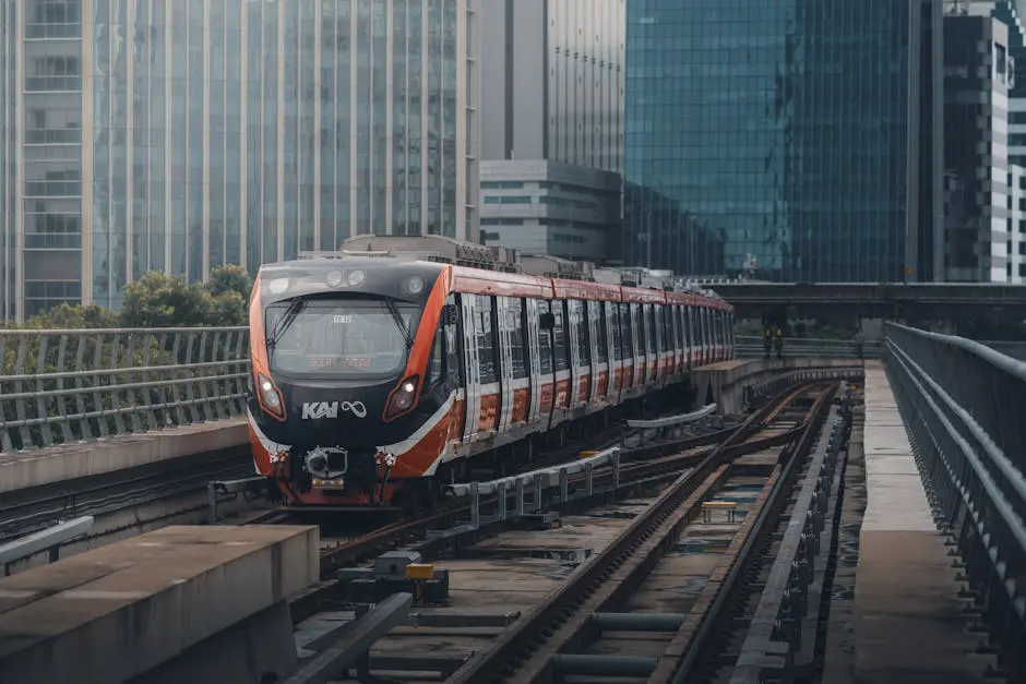 A modern train riding through urban tracks in Jakarta, showcasing the city&rsquo;s dynamic architecture.