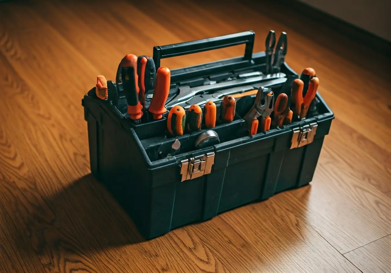 A neatly organized toolbox on a hardwood floor. 35mm stock photo