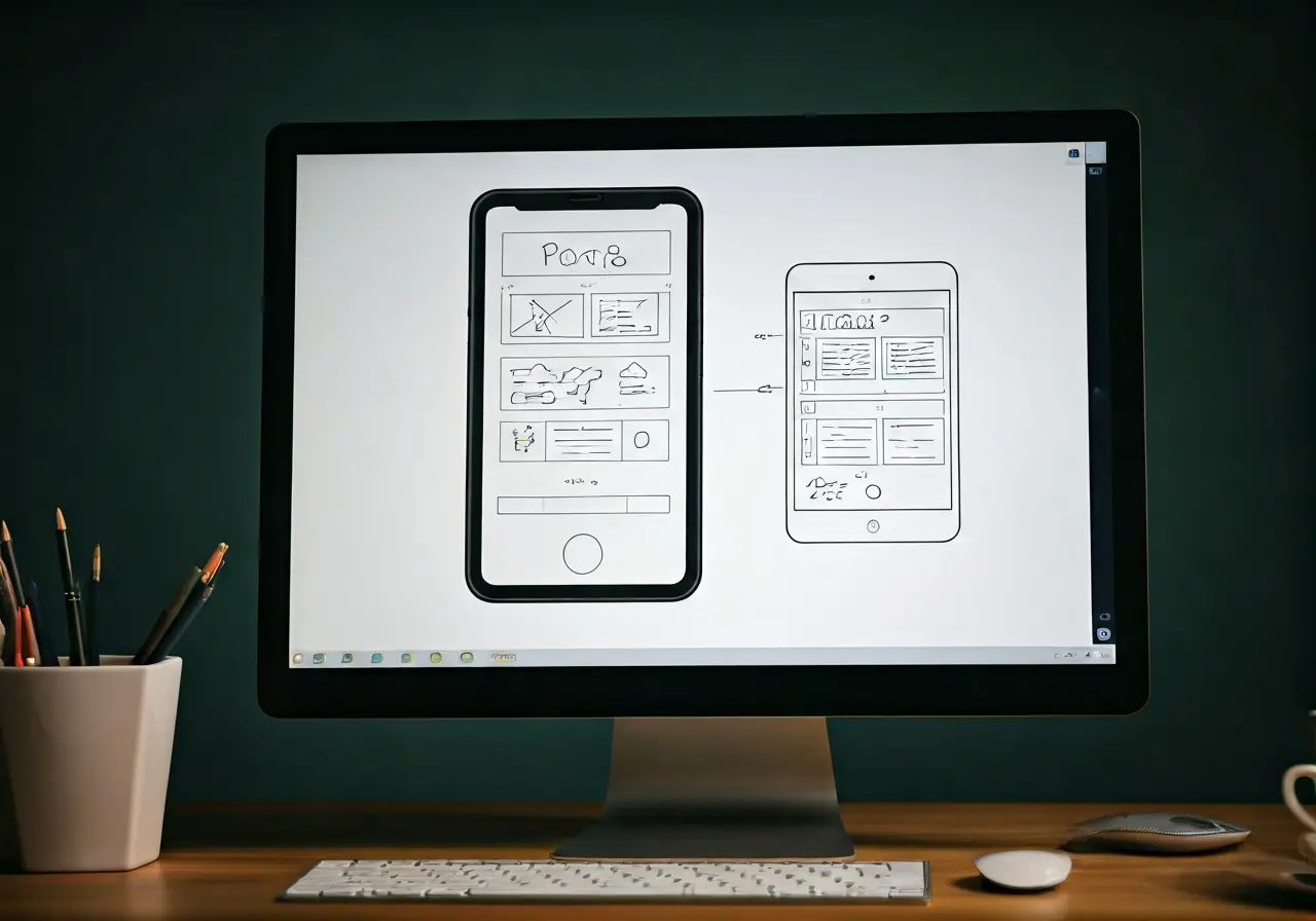 A computer screen displaying app development design sketches. 35mm stock photo