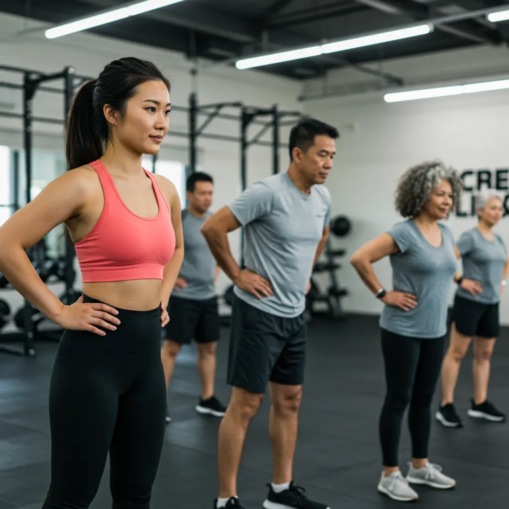 Beginners warming up with gentle stretches.