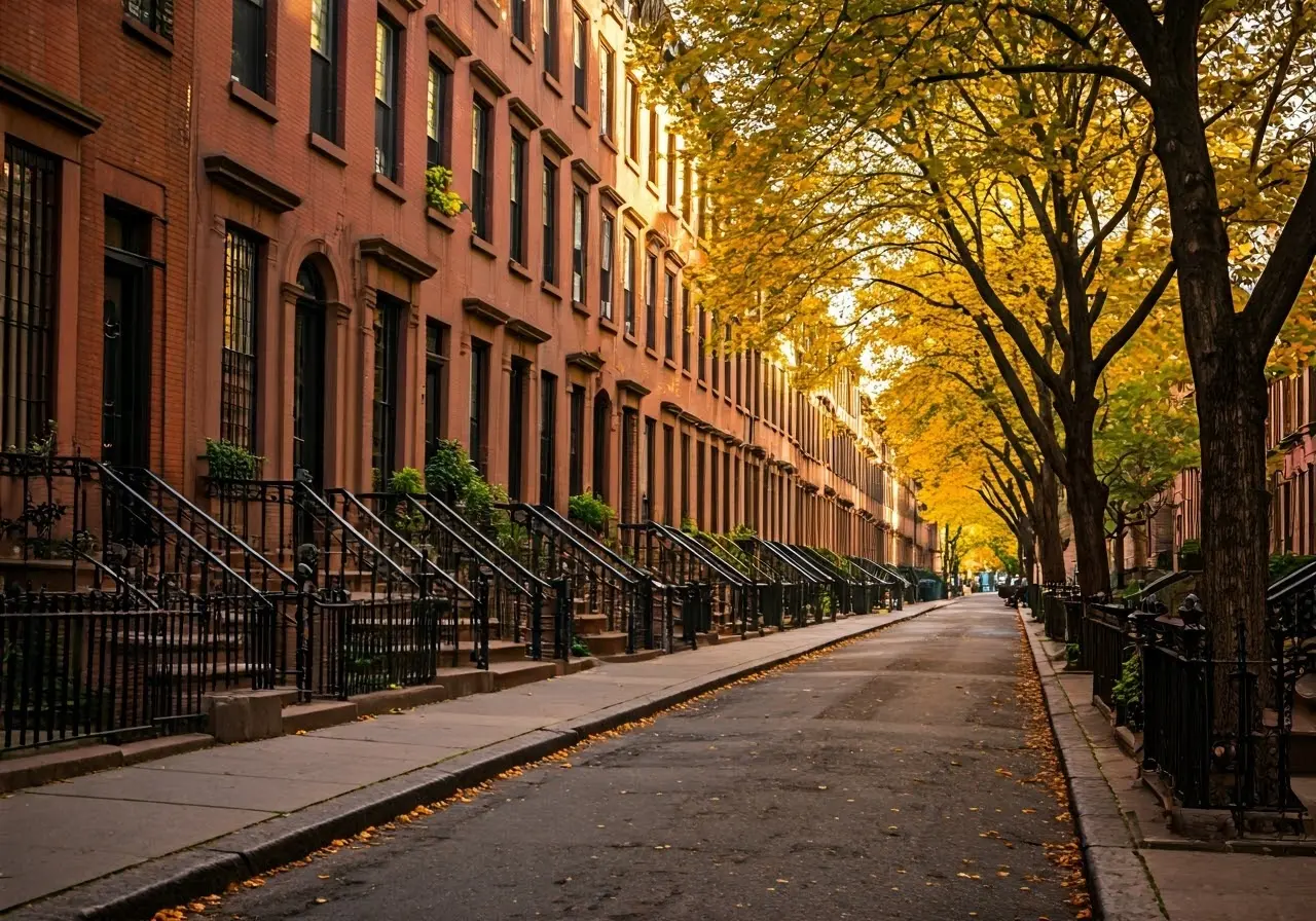 Charming brownstone-lined street bathed in warm afternoon sunlight. 35mm stock photo