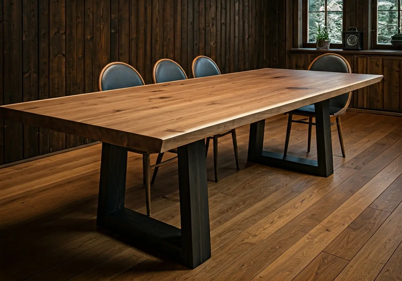 A beautifully crafted solid wood dining table in a cozy room. 35mm stock photo