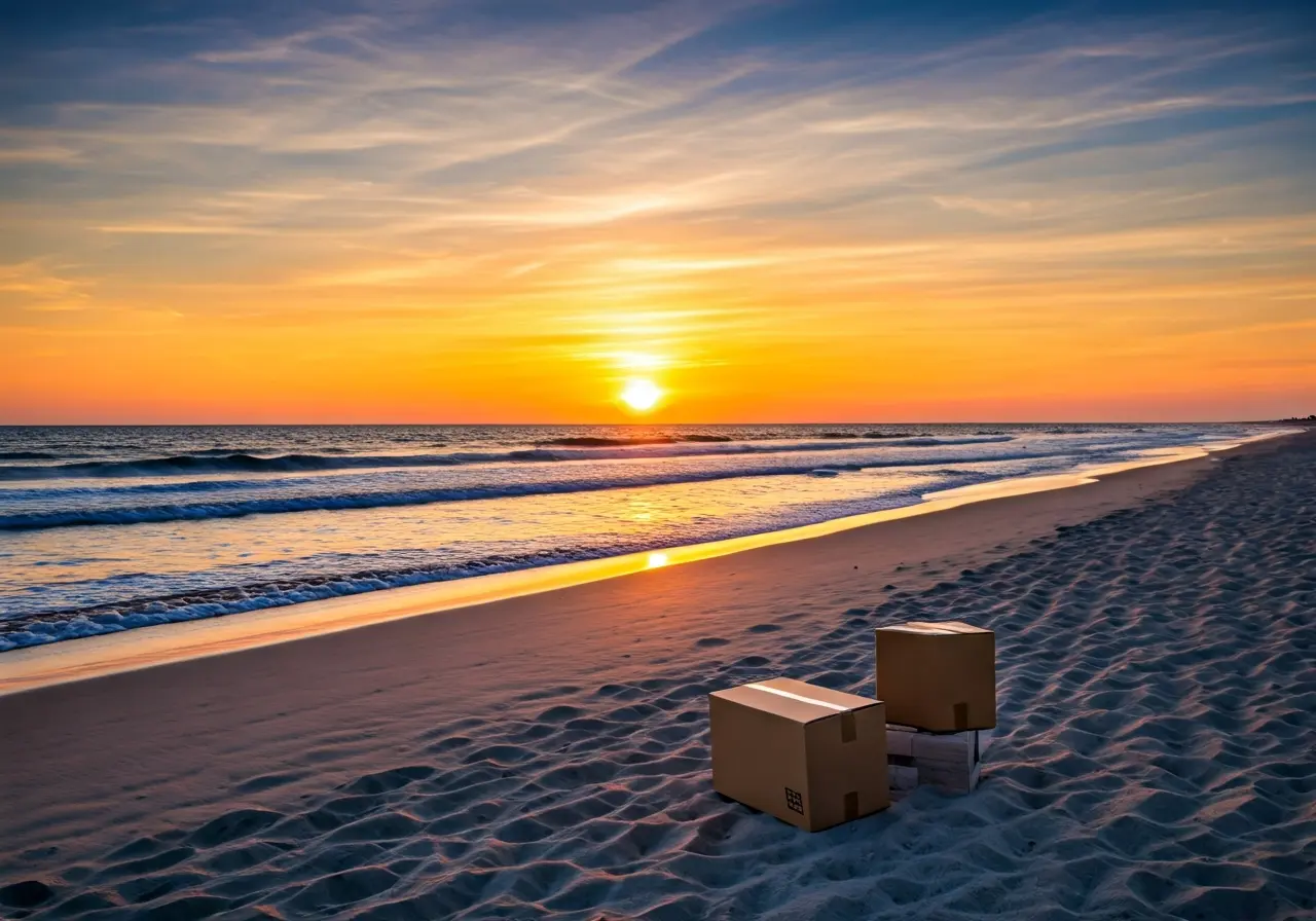 A peaceful Myrtle Beach sunset with moving boxes nearby. 35mm stock photo