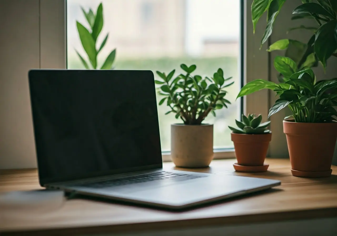 A tranquil home office setup with a laptop and plants. 35mm stock photo