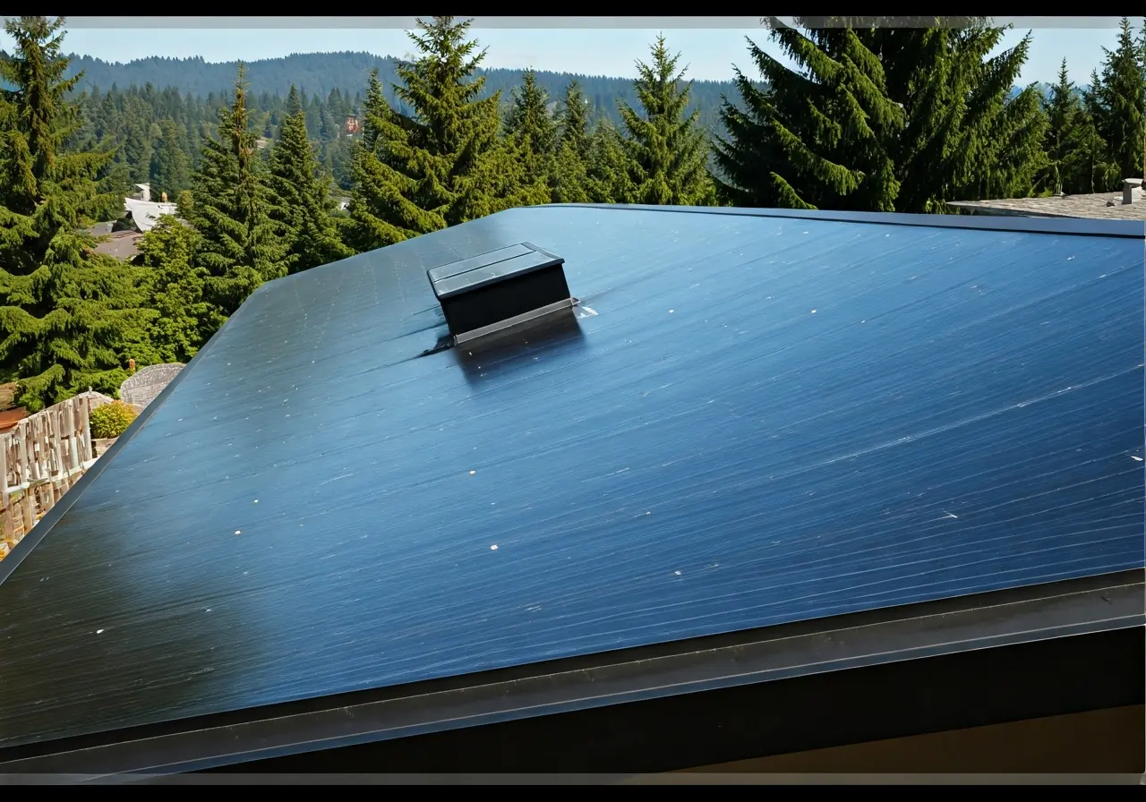 A sleek Tesla Solar Roof on a modern Bellevue home. 35mm stock photo