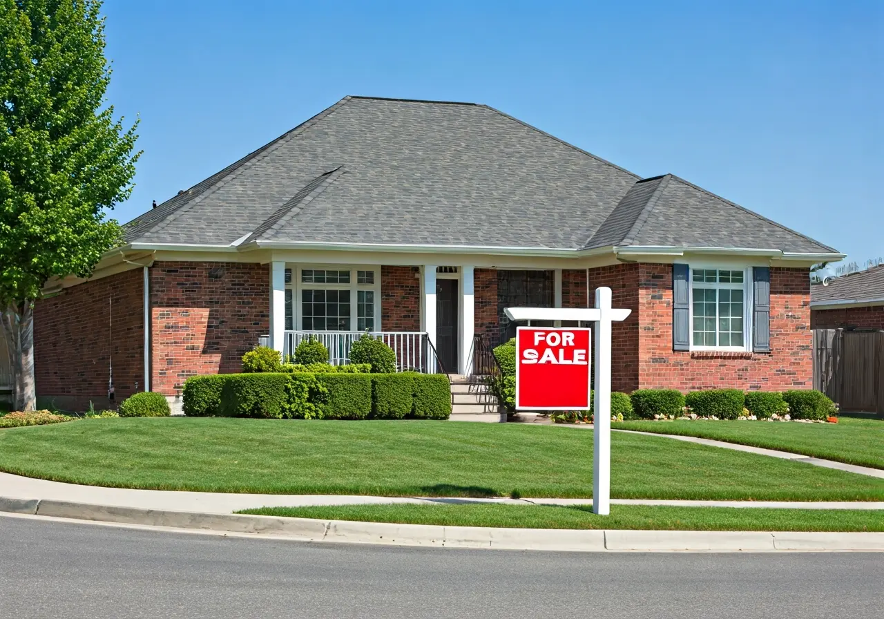 A house with a For Sale sign in front. 35mm stock photo