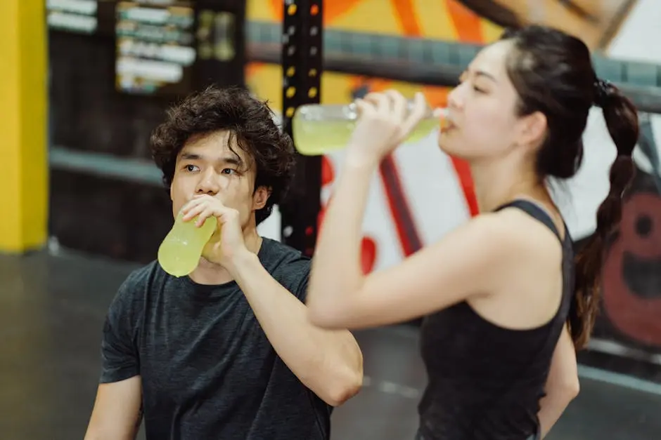 Young Asian couple drinking energy drinks in the gym for hydration post-workout.