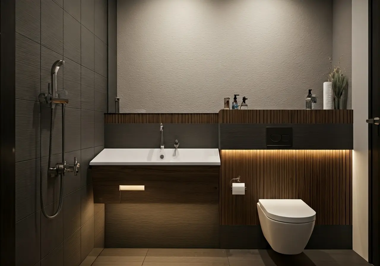 A modern bathroom with sleek, upgraded plumbing fixtures. 35mm stock photo