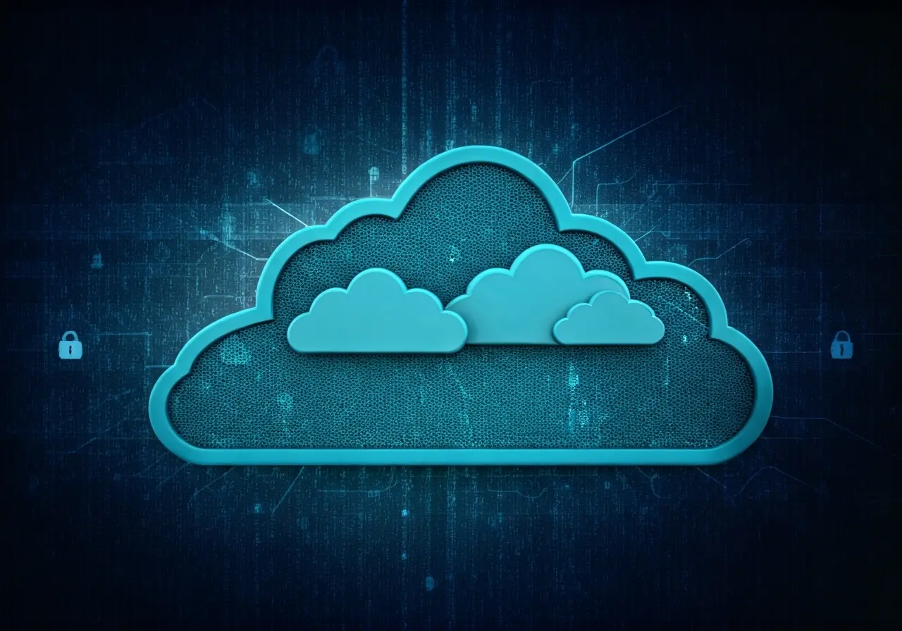 Cloud servers with security symbols in digital network background. 35mm stock photo