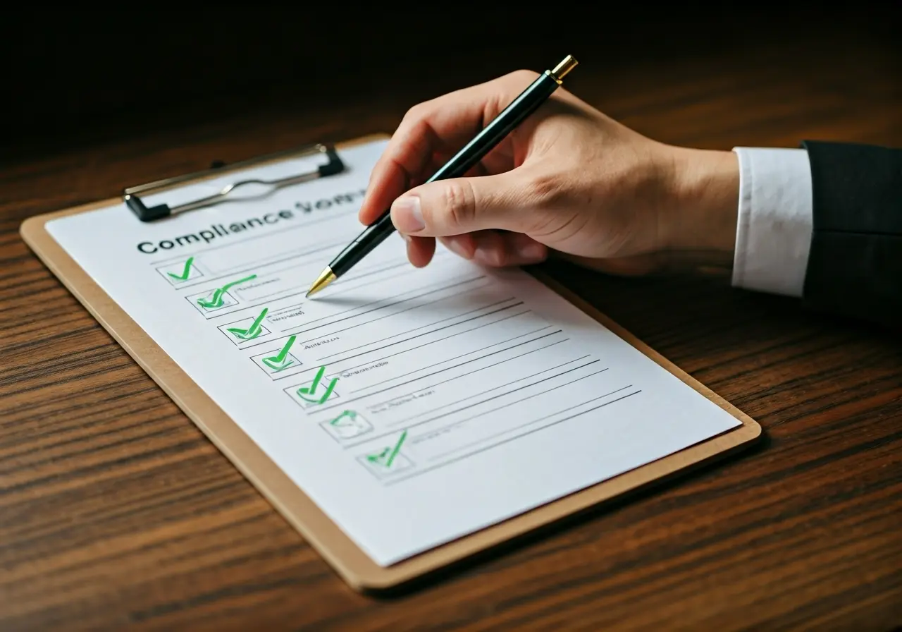 A checklist with compliance-related icons on a clipboard. 35mm stock photo