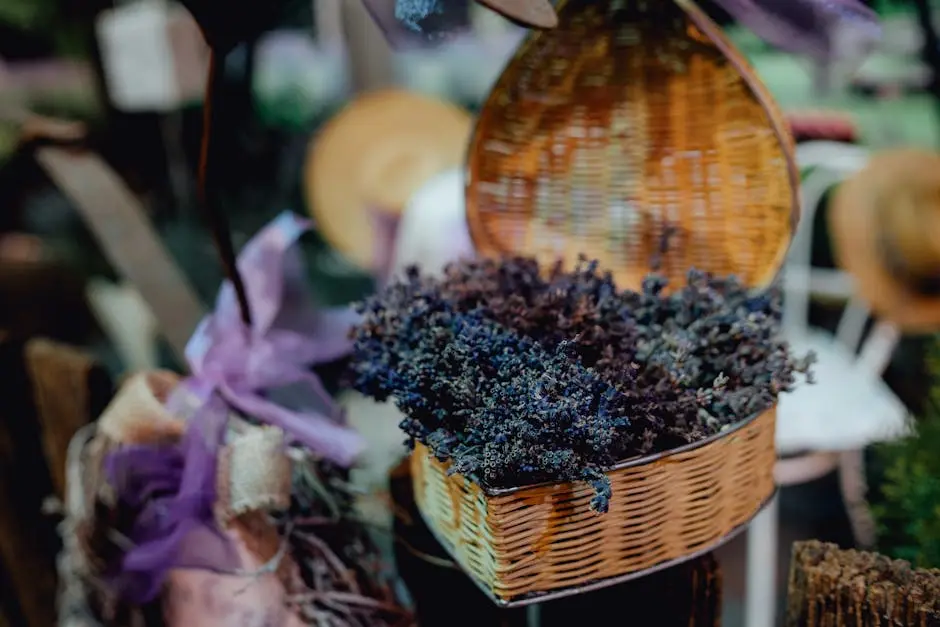 Charming wicker basket filled with fresh lavender blooms, perfect for floral decor and rustic themes.