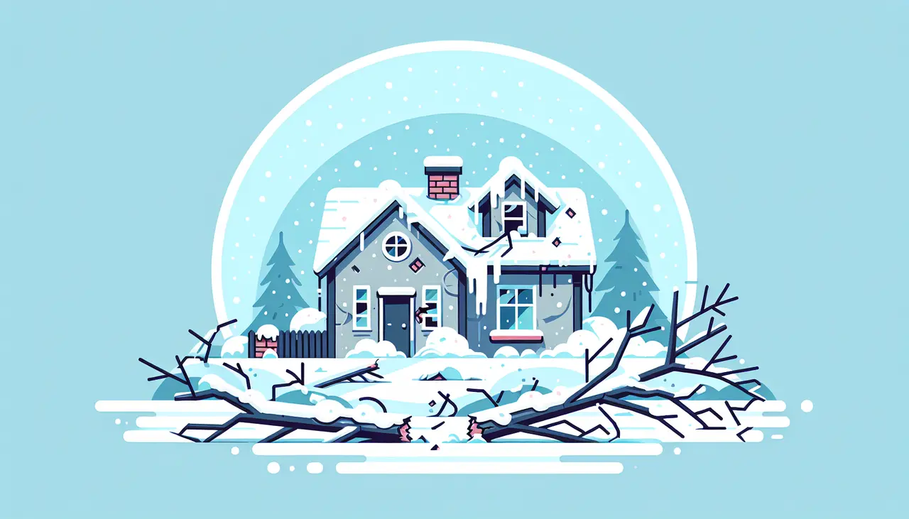 Draw a graphic in flat design style. A flat design illustration of a snow-covered house with noticeable roof damage and broken tree branches around it, against a light blue sky background.