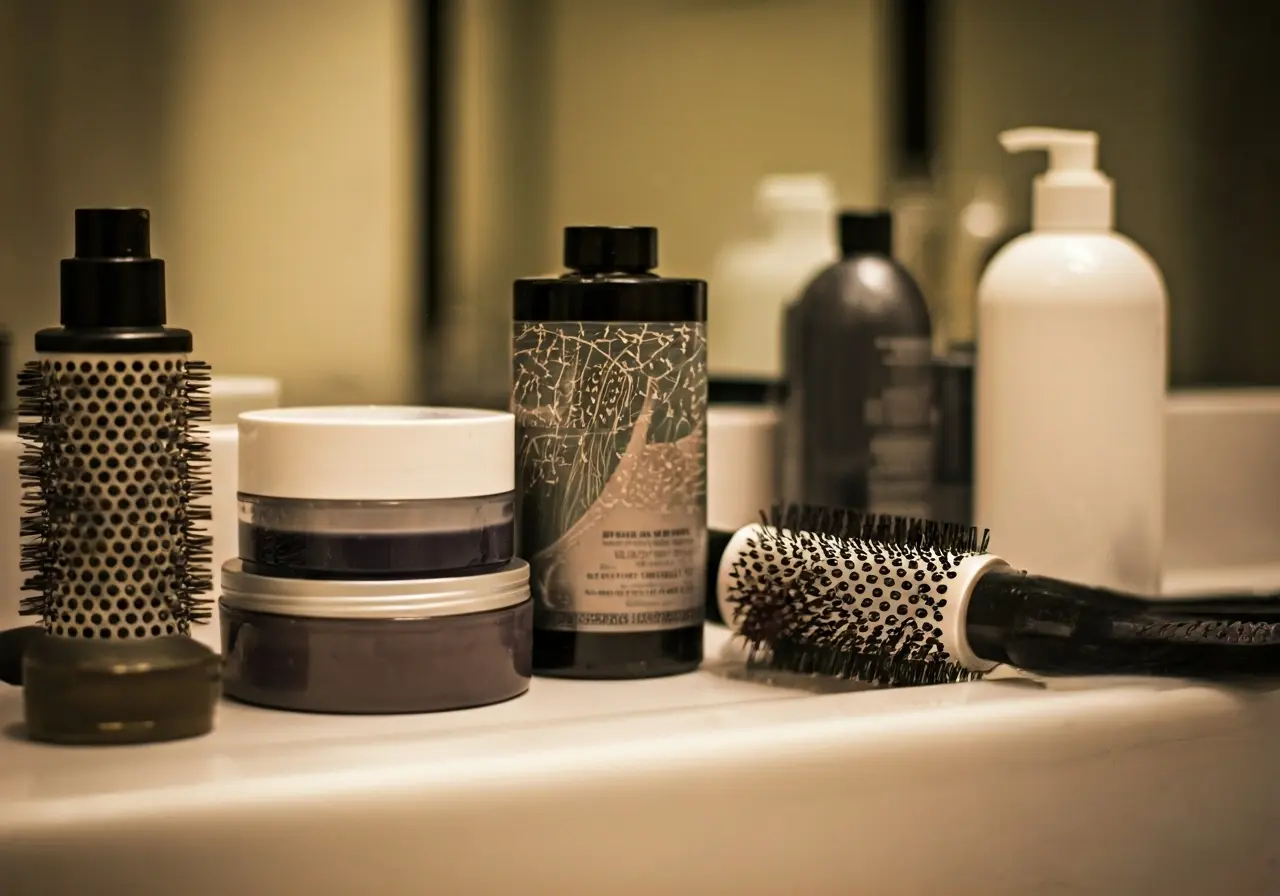 Various hair styling products arranged on a bathroom counter. 35mm stock photo
