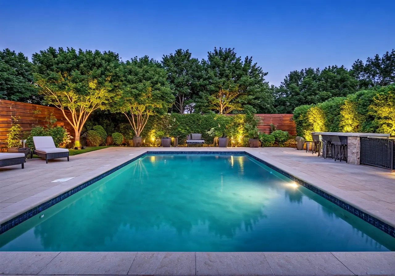 A luxurious backyard pool with modern design and elegant lighting. 35mm stock photo