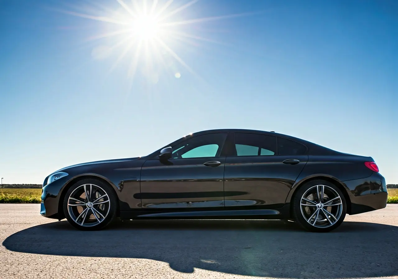 A sleek, tinted car parked under a bright, sunny sky. 35mm stock photo
