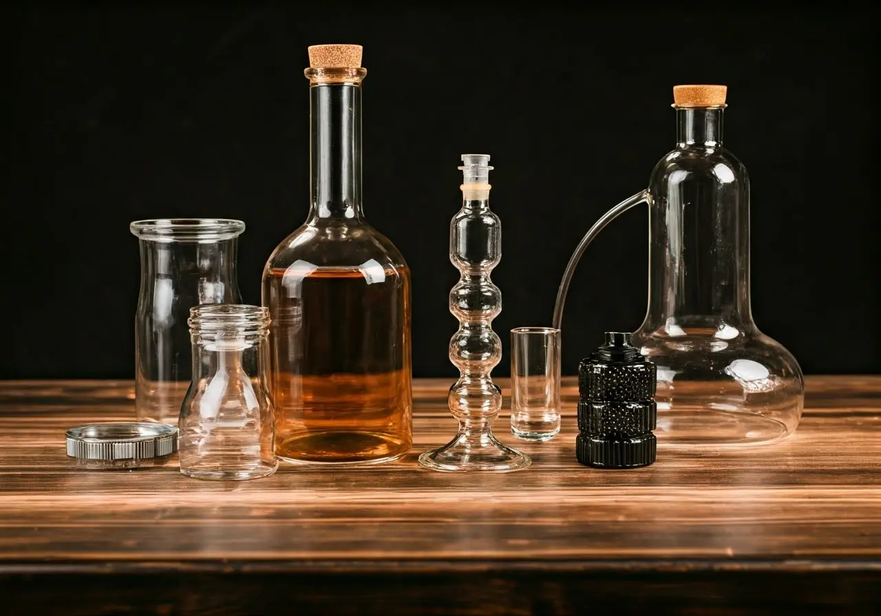A collection of small brewing equipment on a wooden table. 35mm stock photo