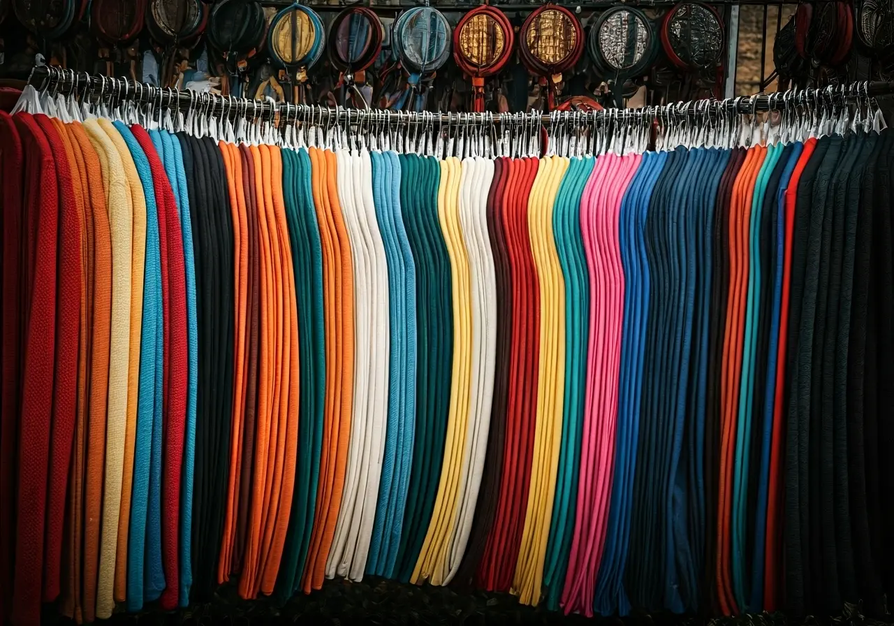 A colorful rack displaying Christian-themed T-shirts and accessories. 35mm stock photo