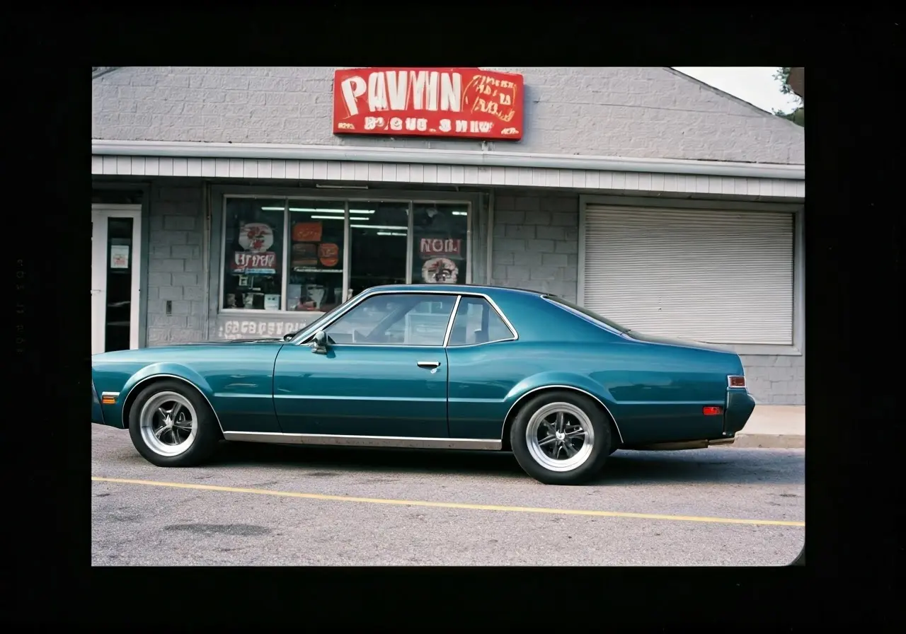 A sleek car parked in front of a pawn shop. 35mm stock photo