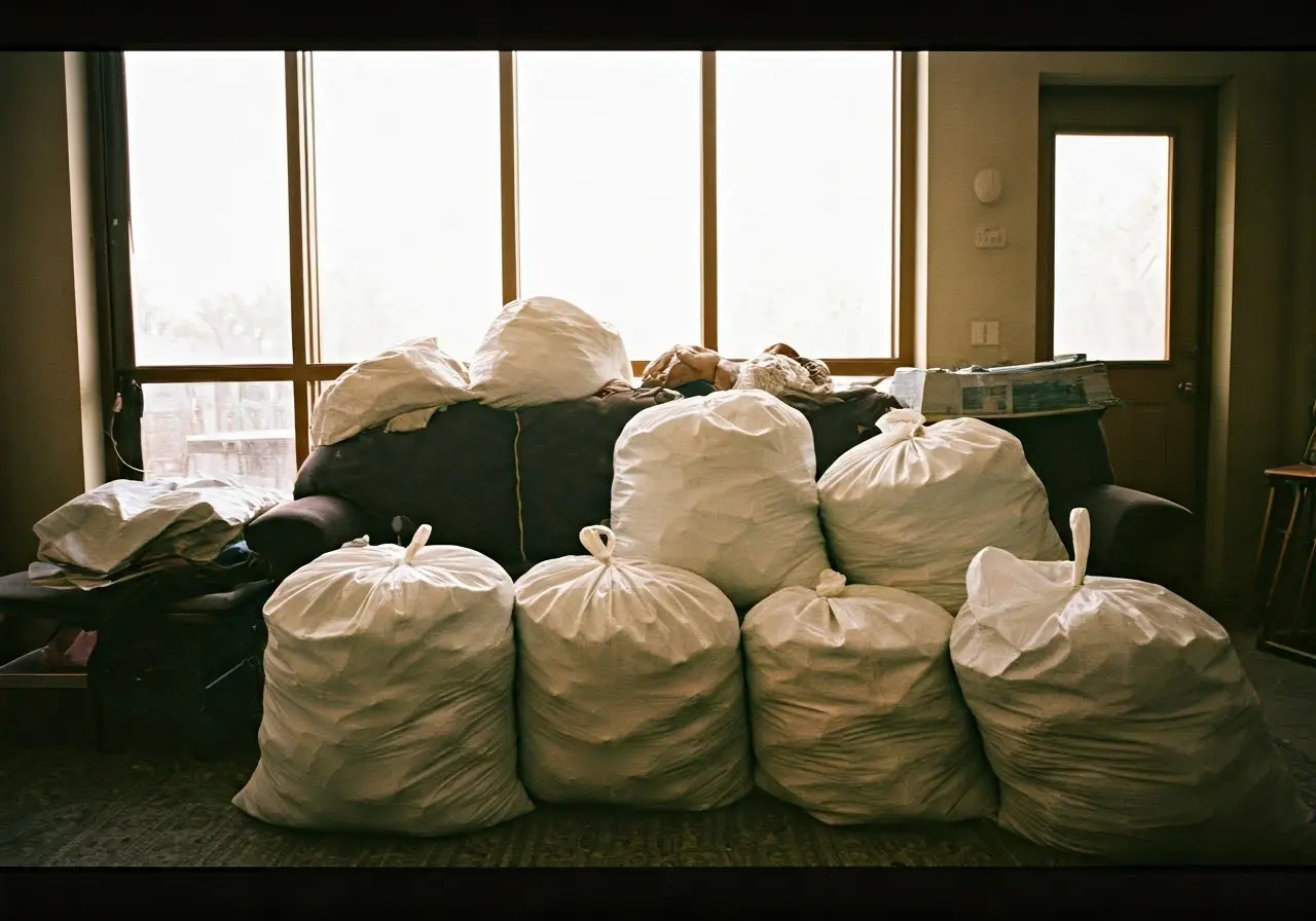 A cluttered living room with bags of unwanted junk. 35mm stock photo