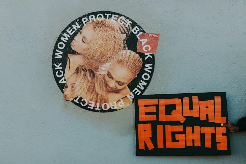 A mural advocating for black women&rsquo;s rights alongside a bold &lsquo;Equal Rights&rsquo; sign.