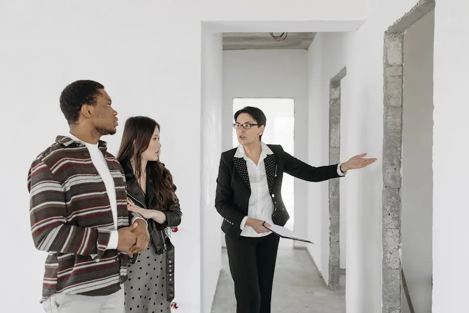 Real estate agent shows a house to a couple, discussing features.
