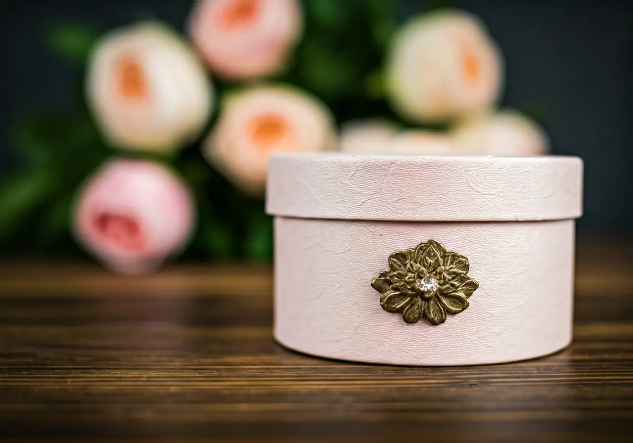 A beautifully wrapped bridal box with a floral background. 35mm stock photo