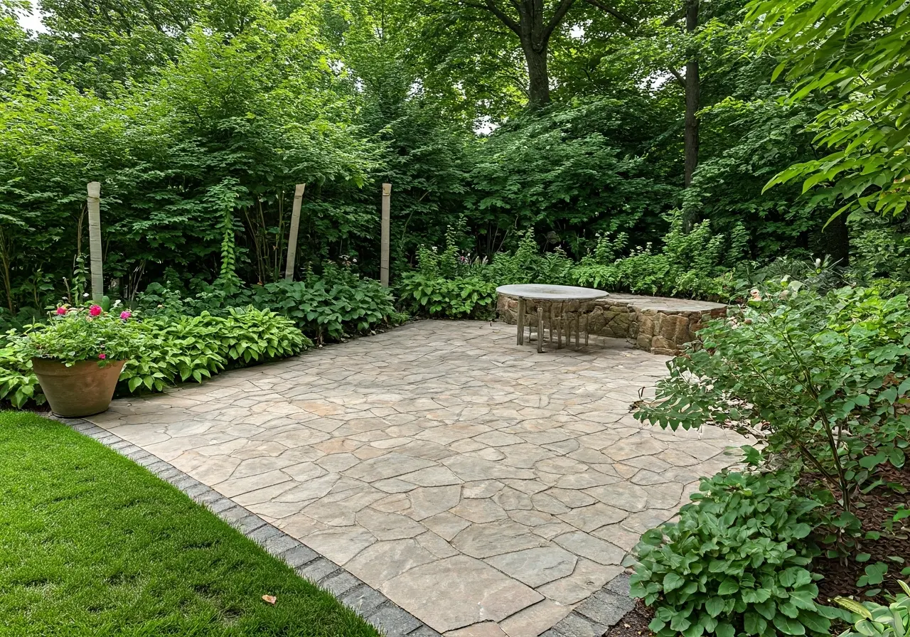 A beautifully crafted stone patio surrounded by lush greenery. 35mm stock photo