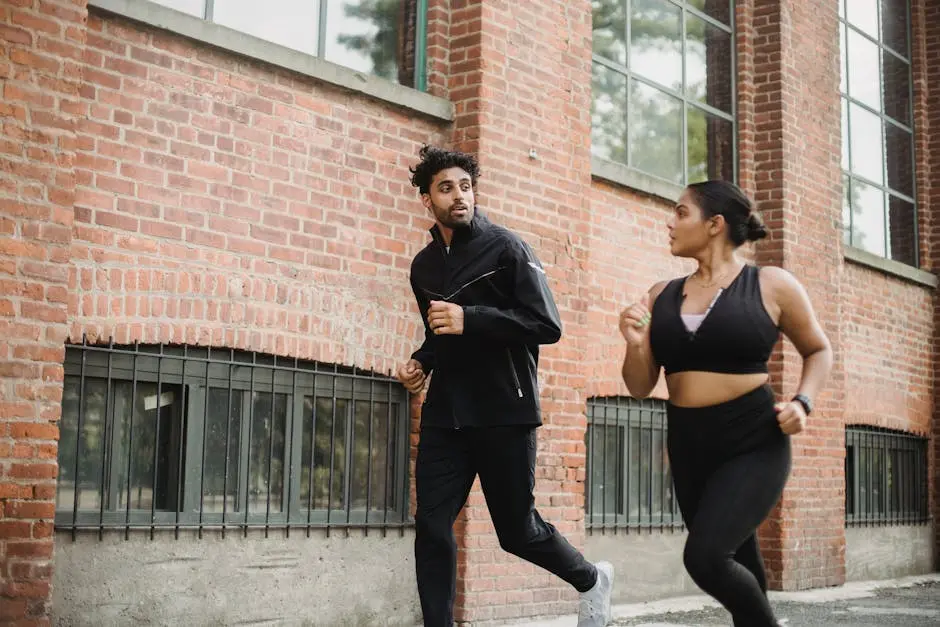 A man and woman in athletic gear jogging beside a brick wall outdoors, expressing energy and communication.
