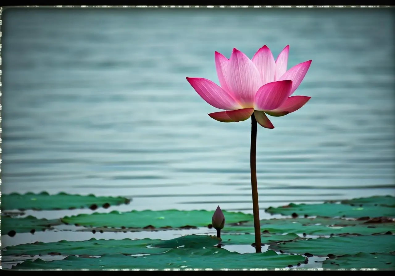 A serene landscape with a single, blooming lotus flower. 35mm stock photo