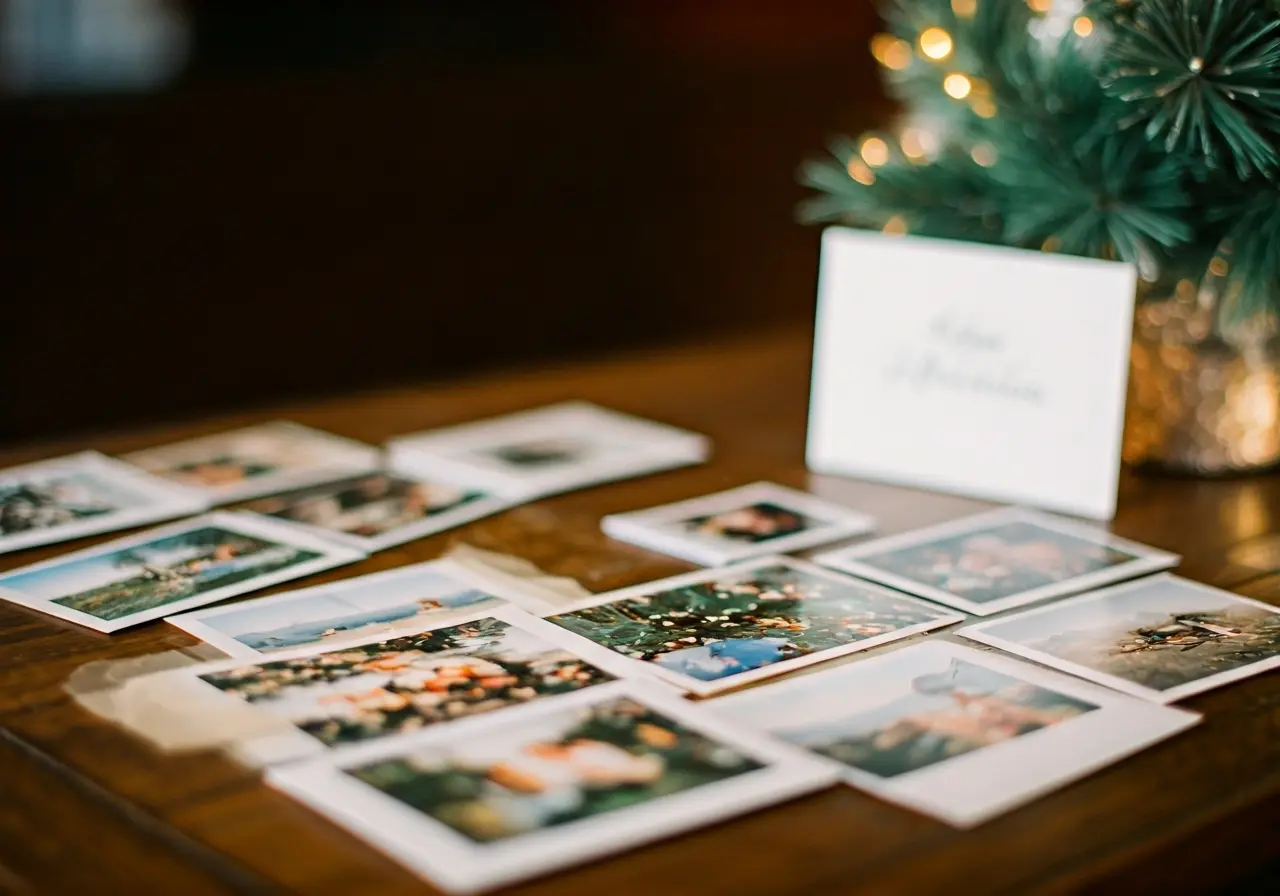 A selection of elegant holiday photo cards displayed on table. 35mm stock photo