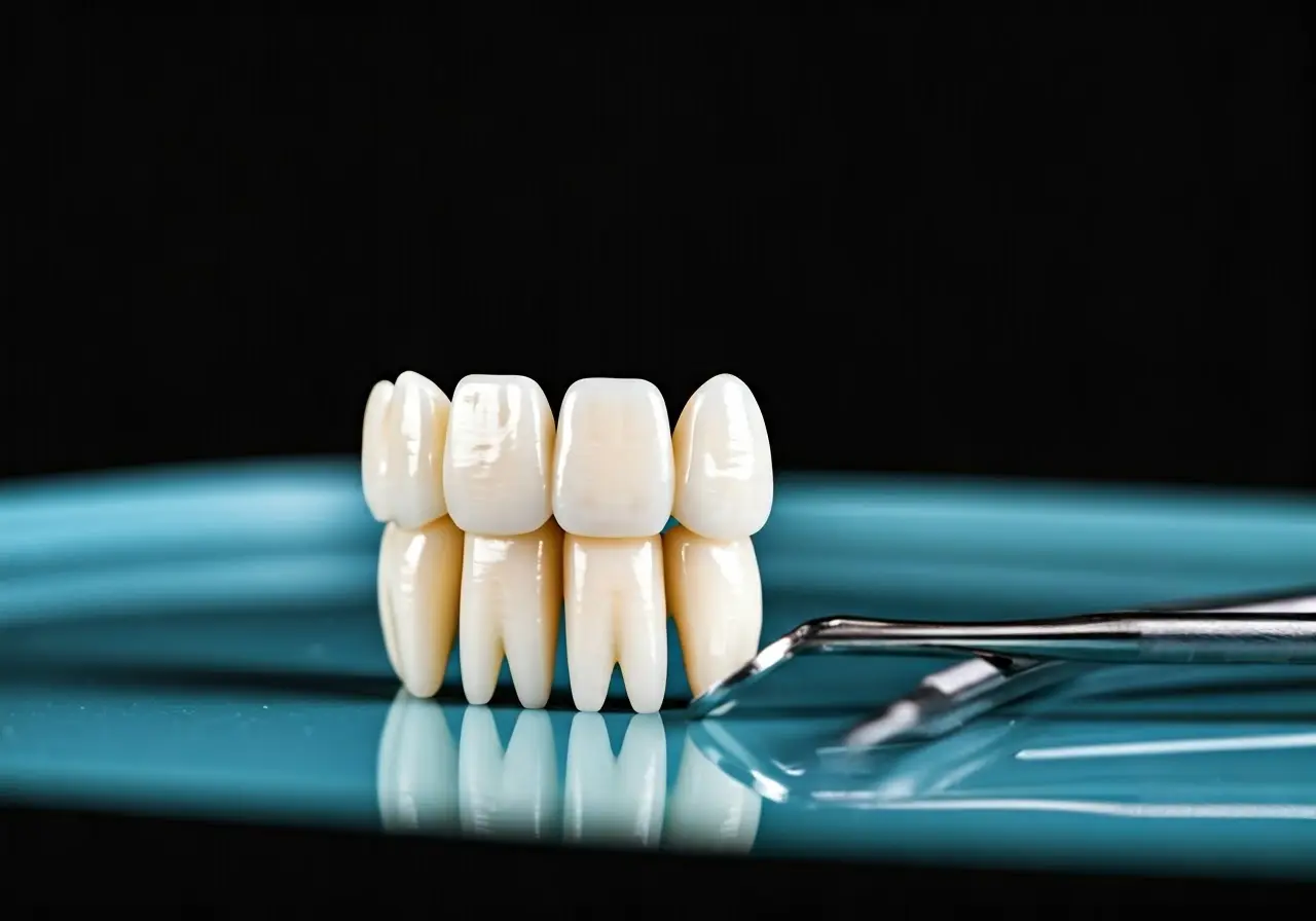 A row of shiny white teeth with dental tools nearby. 35mm stock photo
