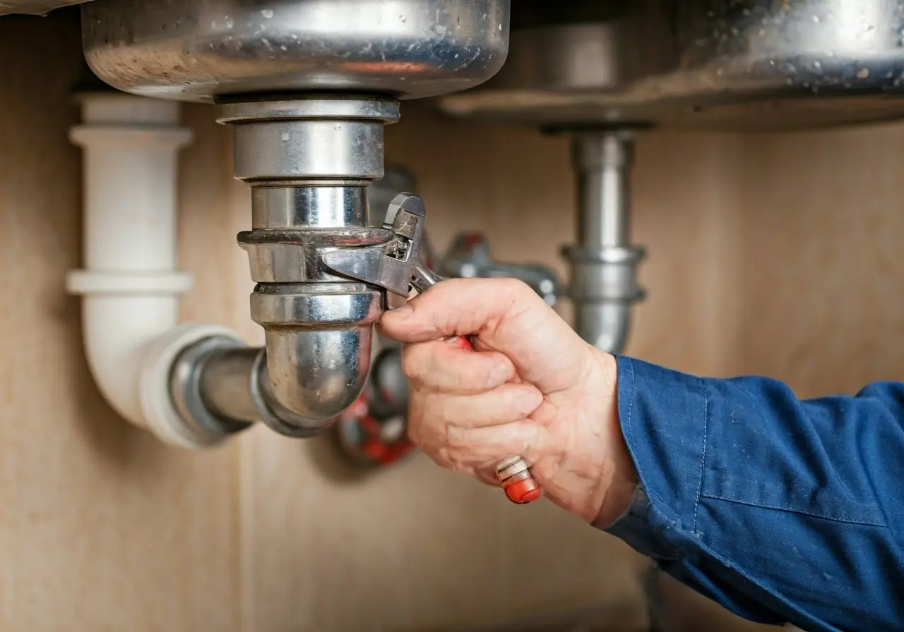 A plumber using a wrench on a kitchen sink pipe. 35mm stock photo