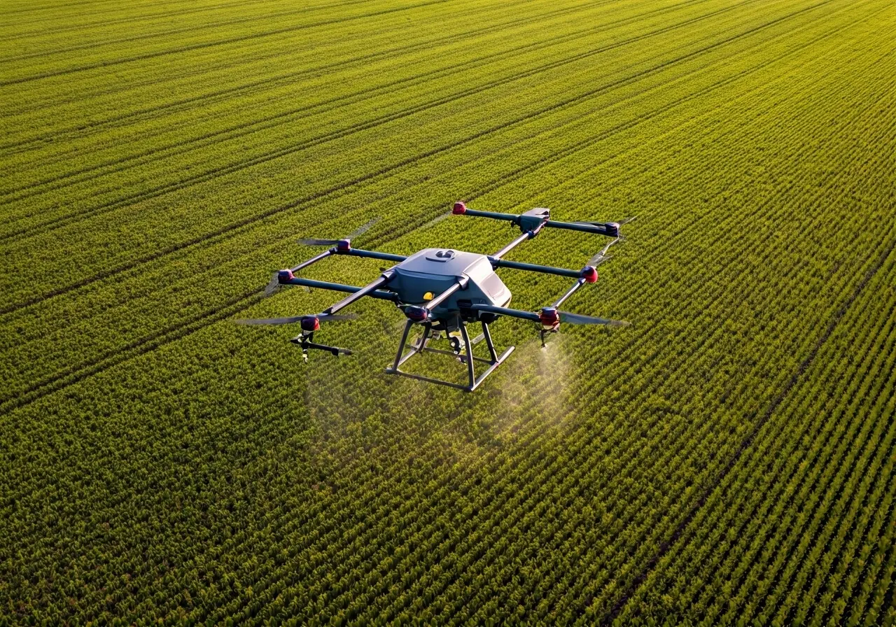 Aerial view of DJI Agras drone spraying a field. 35mm stock photo