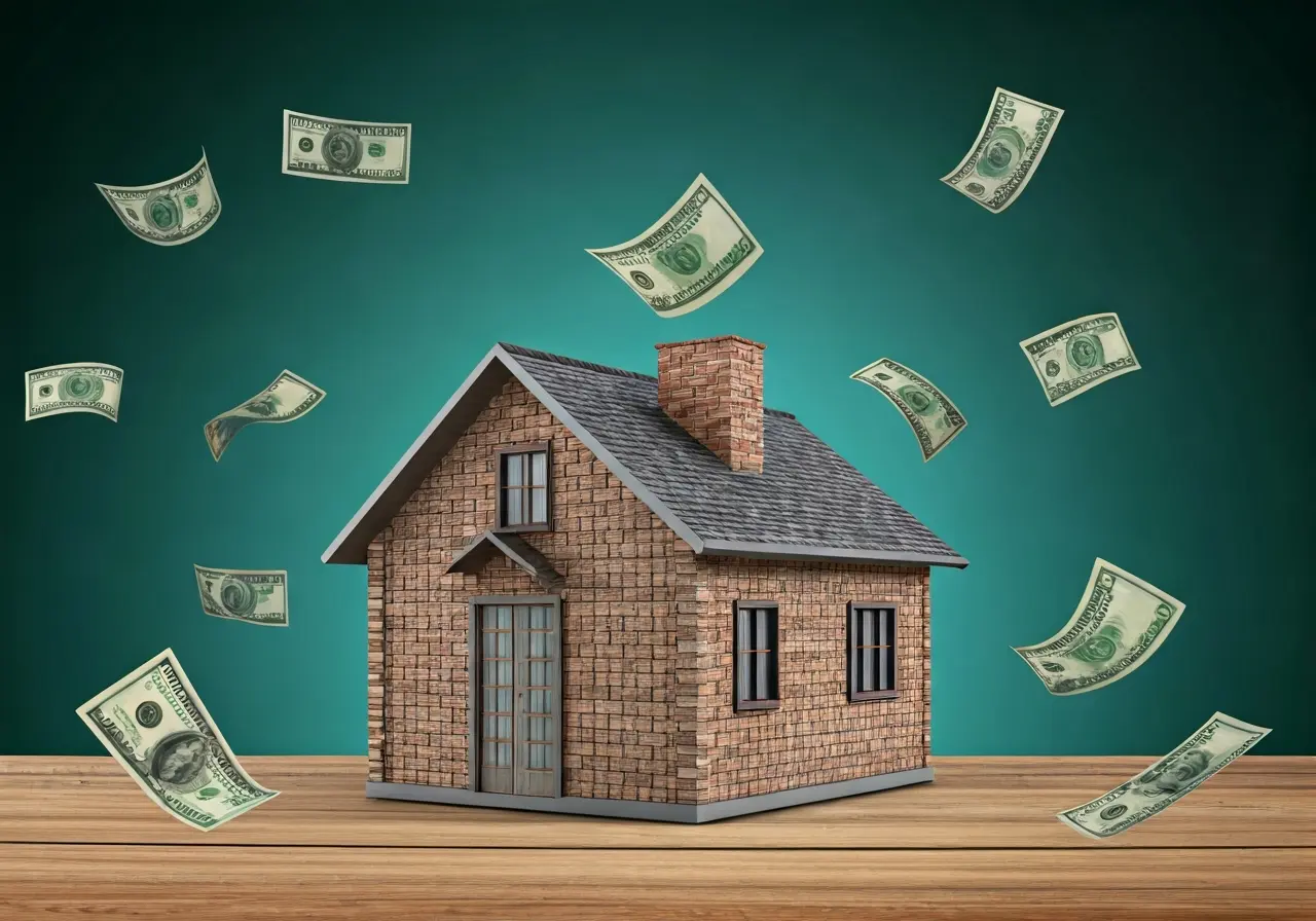 A small house surrounded by dollar bills in the air. 35mm stock photo