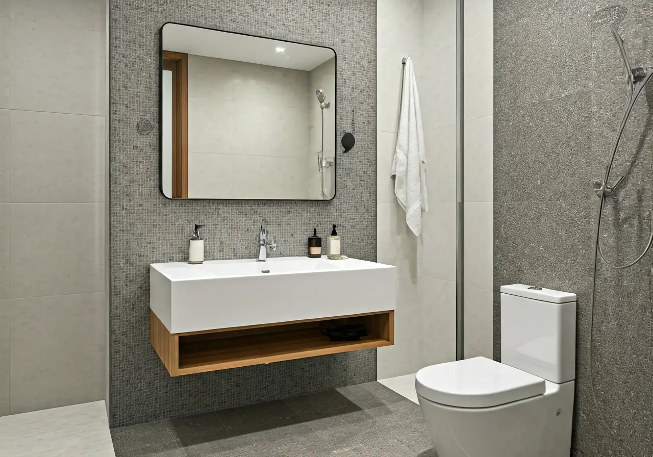 A modern bathroom with sleek, budget-friendly fixtures and decor. 35mm stock photo