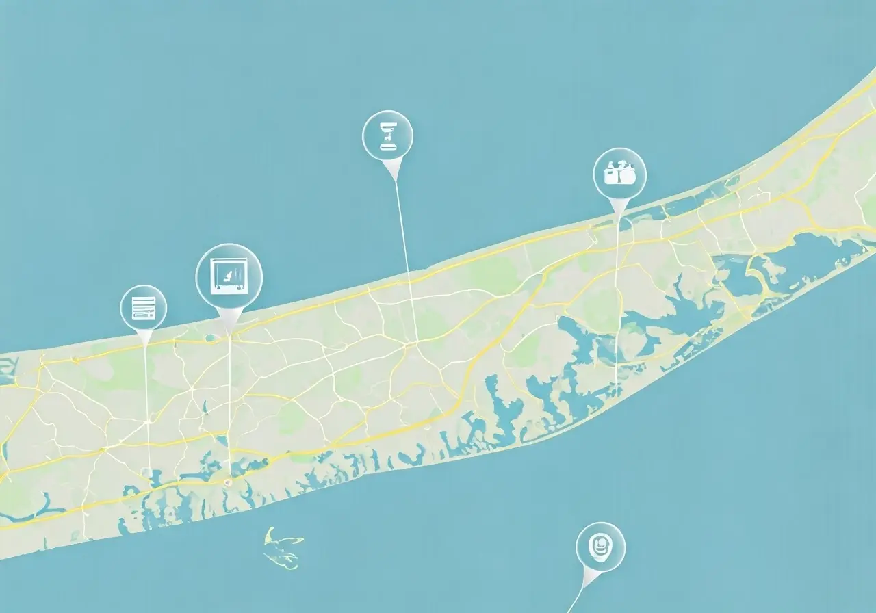 A map of Long Island with SEO-related icons overlayed. 35mm stock photo
