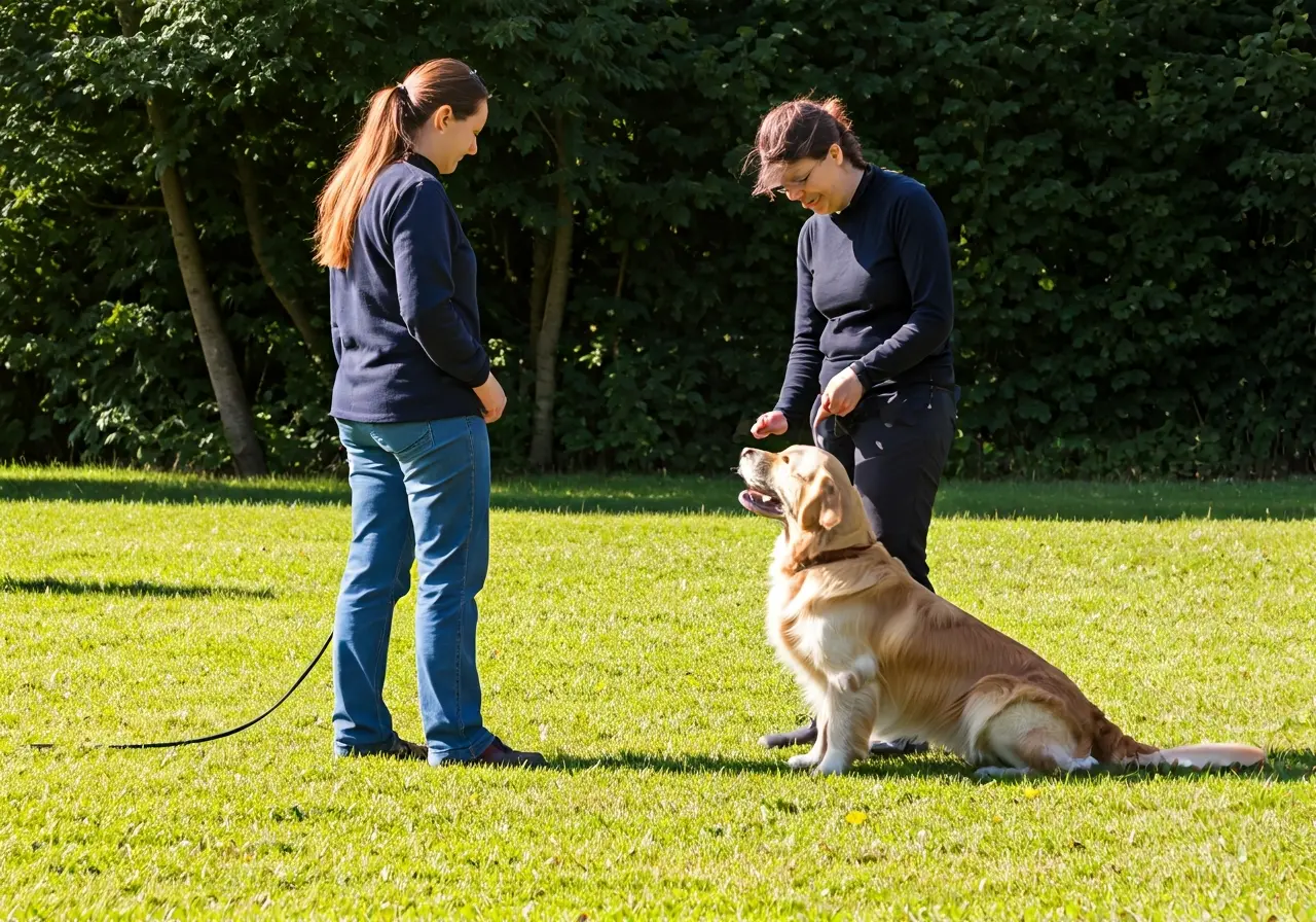 Golden retriever learning commands with trainer in outdoor area. 35mm stock photo